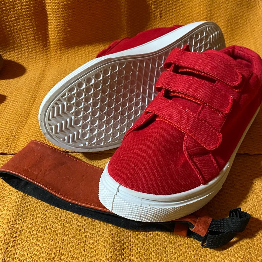 SOLD- Red sneakers with velcro ties for boy or girls.